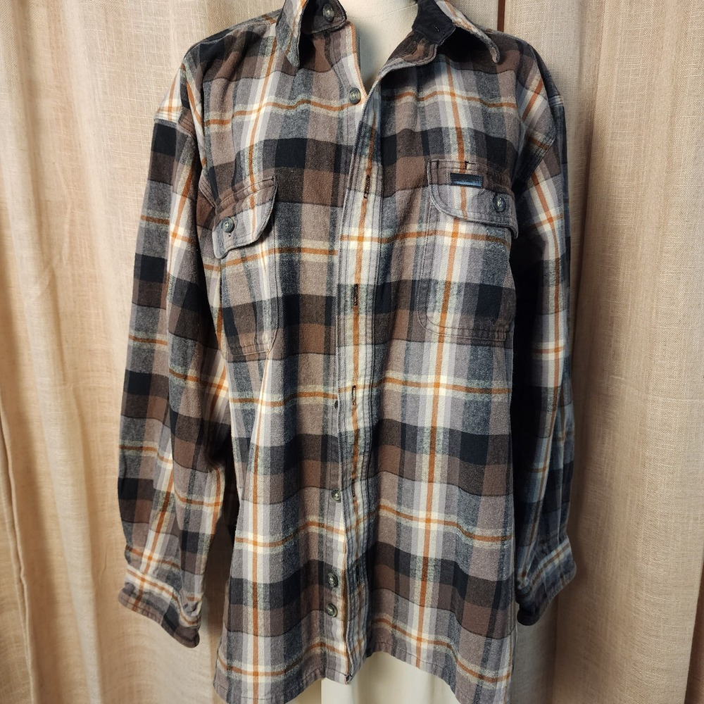 Carhartt Mens XL Brown Black Plaid Flannel Shirt 100% Cotton Workwear